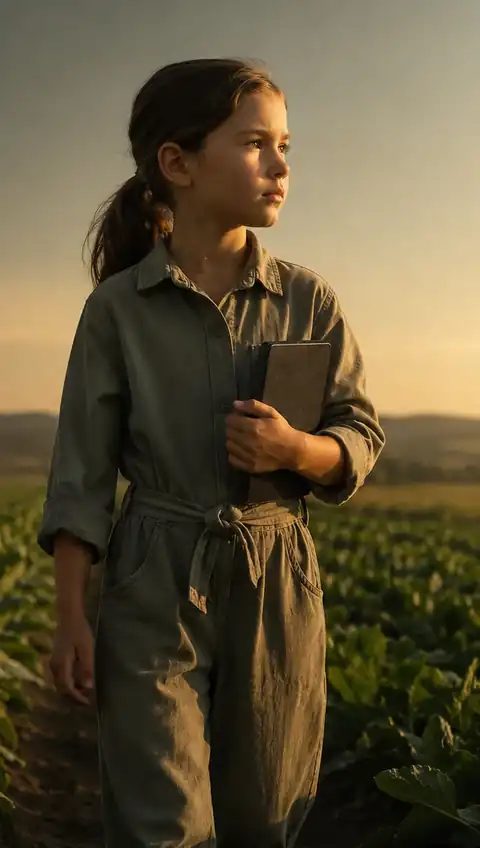 A young girl standing in a field at golden hour, looking toward the horizon